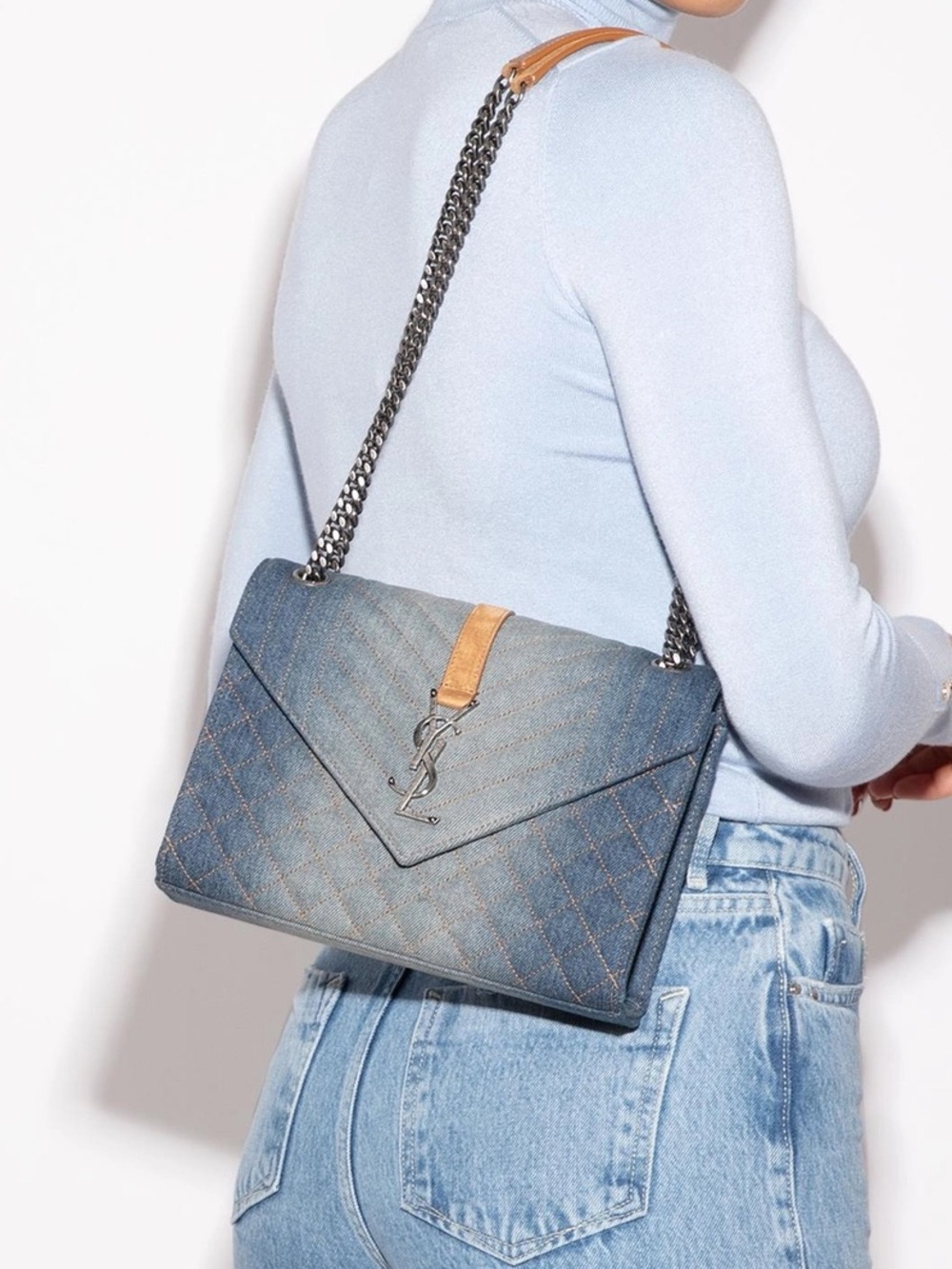 Saint Laurent Denim Matelasse Triquilt Medium Envelope Satchel Authentic & NEW